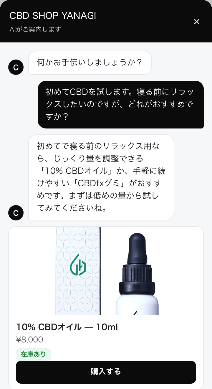 NanoTaco Sales の実画面。初めてCBDを試す来訪者の相談に、AIがオイルとグミを商品カードで提案している